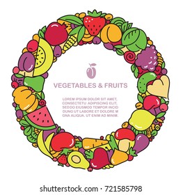 Round frame for text of funny images of vegetables and fruit in cartoon style