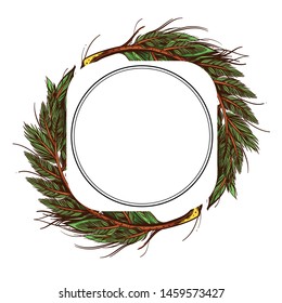 Round frame for text with green branches on a white background. Cartoon style.