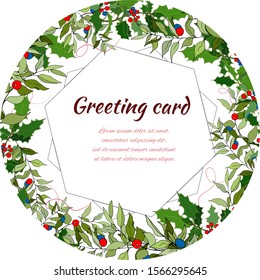 Round frame for text made of green branches with red berries. Vector hand-drawn illustration for invitations and congratulations.