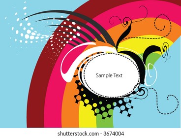 round frame for text or photo with retro flowers, halftone pattern and rainbow