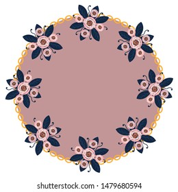 Round frame with text under the text border of hand-drawn roses. Greeting card frame template. Vintage wedding decor. Floral summer spring background. Spring blossom background. Celebration card.