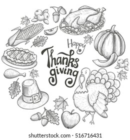 Round frame with Thanksgiving icons. Sketch style greeting card, drawing background with traditional food, leaves and turkey decoration. Vector.