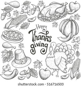 Round frame with Thanksgiving icons. Sketch style greeting card, drawing background with traditional food, leaves and turkey decoration. Vector.