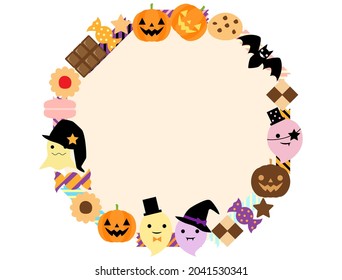 A round frame that can be used for Halloween by combining ghosts and sweets.