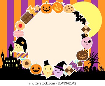 A round frame that can be used for Halloween by combining ghosts and sweets.