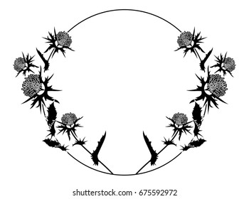 Round frame with thistle silhouette. Vector clip art.