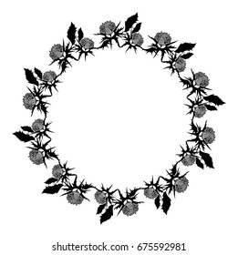 Round frame with thistle silhouette. Vector clip art.