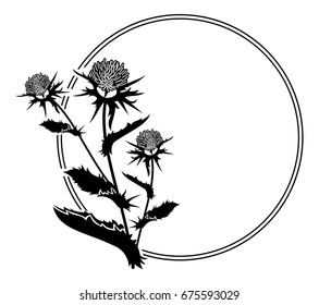 Round frame with thistle silhouette. Vector clip art.