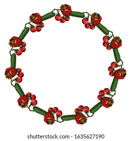 Round frame with tomatoes, cucumbers and bell peppers. Circle wreath with hand drawn vegetables for your design