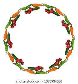 Round frame with tomatoes, cucumbers, green peas and carrots. Decorative circle with different fresh vegetables for your design