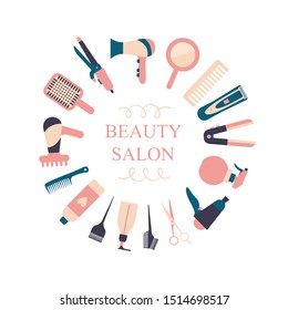 Round frame of tools for a hairdressing salon. Accessories for hair care, creating hairstyles, barber salons. Vector illustration in flat style on white background