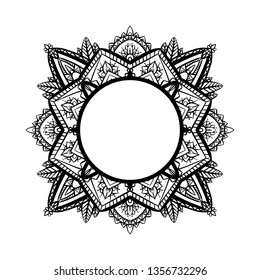 Round frame with tracery black and white zen mandala. The object is separate from the background. Vector delicate doodle template for cards, invitation, banner and your creativity.