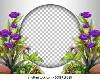 Round frame transparent with purple flower and leaves template illustration