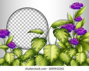 Round frame transparent with purple flower and leaves template illustration