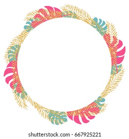 Round frame with tropical floral elements. Greeting card with place for text, gold menu and invitation border. Vector illustration.