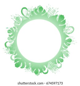 Round frame with tropical floral elements. Greeting card with place for text, gold menu and invitation border. Vector illustration.