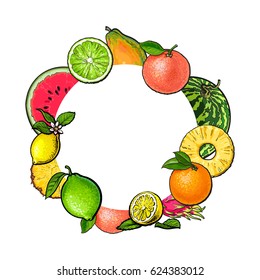 Round frame of tropical fruits with empty place for text, sketch vector illustration on white background. Hand drawn tropical, exotic fruits as round frame, label, banner template, decoration element