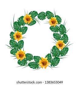 Round frame with tropical leaves and yellow flowers. Festive floral circle for your design. Vector