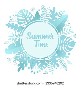 Round frame with tropical palm leaves. Exotic summer background with place for text made of palm tree leaves, other tropical plants and hand drawn flowers. Trendy poster, greeting or invitation card.