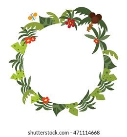 Round frame with tropical plants. Funny card with empty space for text. White background.