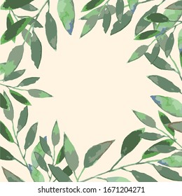 Round frame of twigs with leaves, space for text. Vector image.