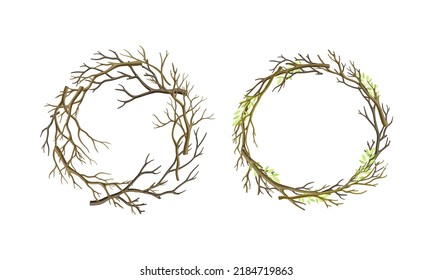 Round frame of twisted branches set. Wreath made of dried branches vector illustration