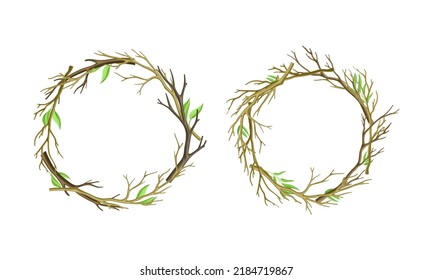 Round frame of twisted branches set. Wreath made of branches with green leaves vector illustration