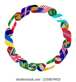 Round frame from twisted flags of countries Isolated on white. Vector illustration.