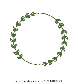 Round frame of two green twigs with leaves. Design template for logo, invitation, greetings. Laconic stylish wreath. Minimalist floral border. Deciduous wreath. Vector illustration, stick, leaf