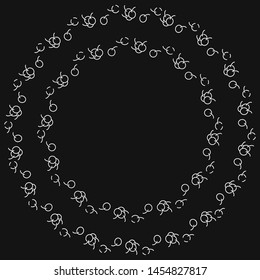 Round frame of two wreaths of berries on dark background. Vector drawing in linear style, white contour. For cards, invitations, advertising.