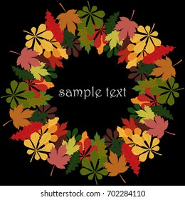 Round frame under the text or photo, from the colorful autumn leaves of oak, maple and chestnut. Vector image.
