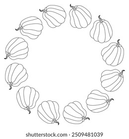 Round frame of unique outline pumpkins, isolated on a transparent background. Concept for autumn and Thanksgiving decorations. Perfect for kids coloring pages. Place for text. Vector illustration