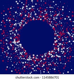Round Frame of United States Holiday Stars Confetti. USA Festival Flyer Pattern Design. United States Texture. Poster, Advertising Print Design Background.