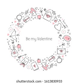 Round frame for valentine's day with gifts, ring, cloud, message, valentine, letter, envelope, bow and arrow.  Illustration with the words "Be my Valentine." Vector, eps 10