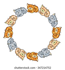 Round frame with varicolored cats