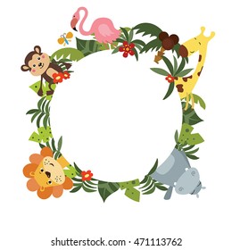 Round frame with a variety of cute African animals. Funny card with empty space for text. White background.