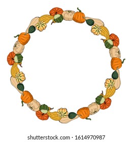 Round frame with various hand drawn squashes. Autumn wreath with different pumpkins for your design