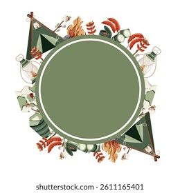 round frame of various icons of transport and equipment and food and accessories on the theme of camping or recreation with a green circle in the middle