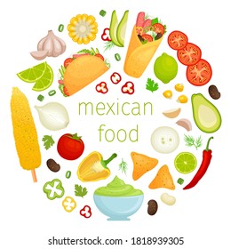 Round frame with various mexican food ingredients isolated on white background. Template for menu or advertisement. Vector illustration with place for text. Tradition mexican cuisine, vegetables.