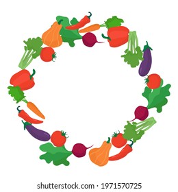 Round frame from various vegetables. Background for text. Vector illustration.