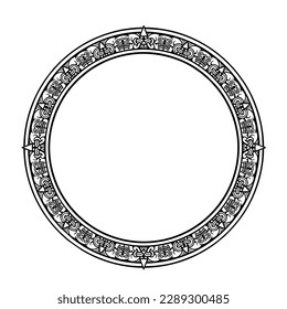 Round frame vector element with fused 3 sided skull, inspired by Aztec and maya art.