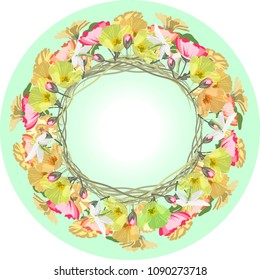 Round frame Vector floral pattern with wreaths from summer spring poppies and daffodils. 