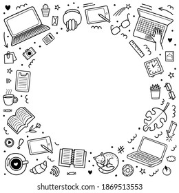 Round frame with vector hand drawn doodle elements. Work from home concept, distance learning, coronavirus epidemic prevention. Objects isolated on white background