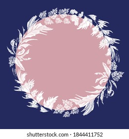 
Round frame with vector ice branches, leaves, intertwining frost patterns, winter background with place for text. All elements are hand-drawn, for invitations, New Year and Christmas signs, cards