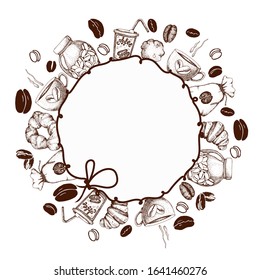 Round frame. Vector illustration with coffee attributes -cup with drink, grain, mug, teapot, croissant, jar. Collection for design menu, cafe, restaurant, blackboard advertisement banner background