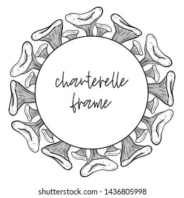 Round frame of vector illustrations of mushrooms.  Chanterelles. Engraving style