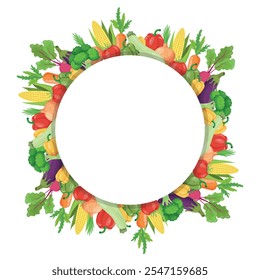 Round frame with vegetables around it. Background with fresh vegetables with space for text. Vector illustration