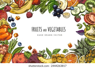 Round frame of vegetables and fruits. Vibrant hand-drawn illustrations form a round frame with text space. Ideal for food themed labels, invitations, cards.