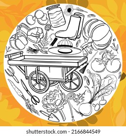 Marco redondo con verduras y herramientas de jardín. Diseño para volante, logotipo, tarjeta. Hortalizas de perro, herramientas de jardín. Página de coloreado de Vector Illustration. Impresión en blanco y negro con calabaza, tomate, pimienta