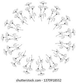 Round frame of vertical lovely black and white poppies on white background. Isolated frame for your design. 